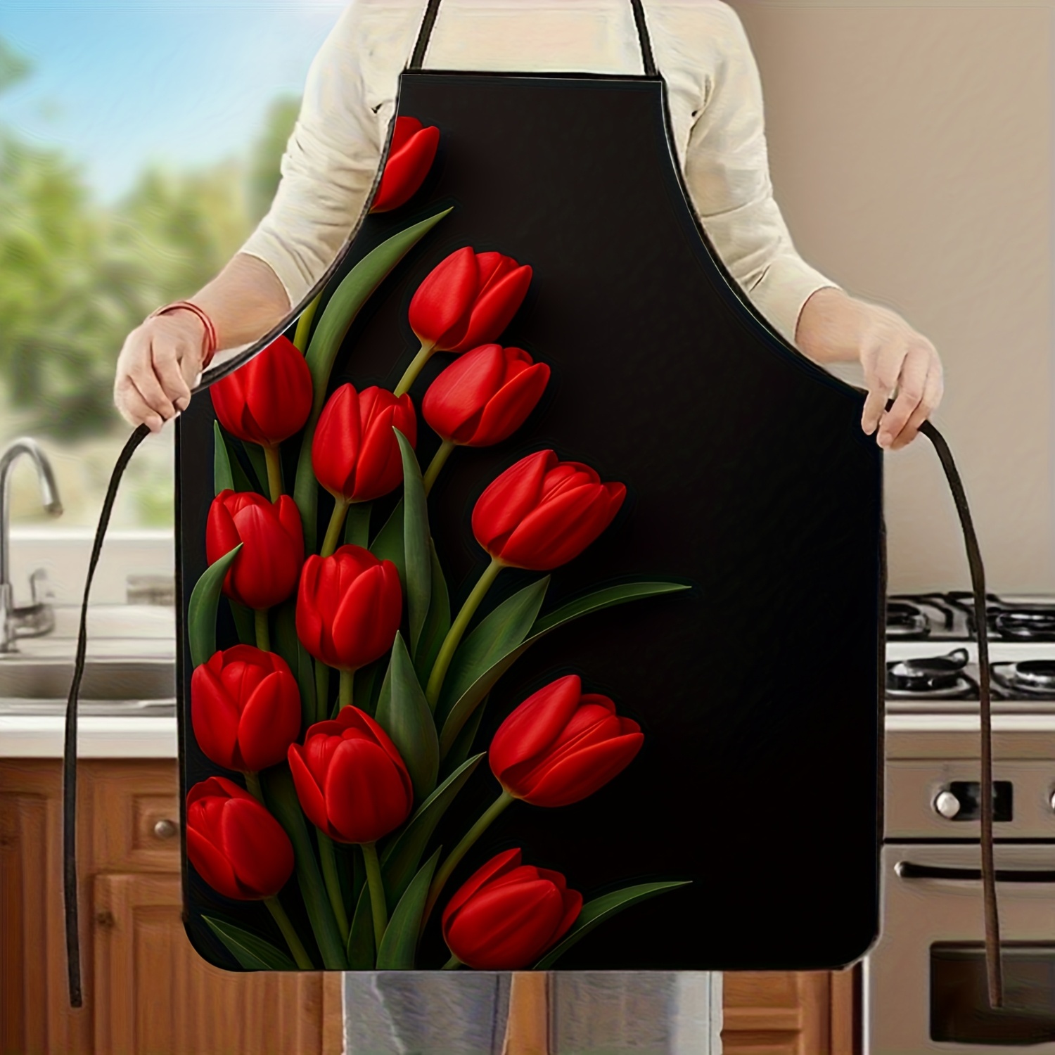 Kitchen Baking Background - 1 adet Kırmızı Lale Çiçek Önlük